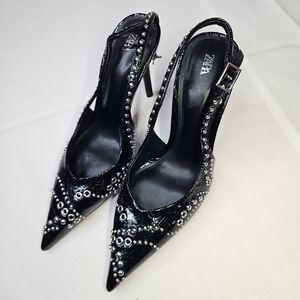 Zara Black Patent Heels with Silver Studs